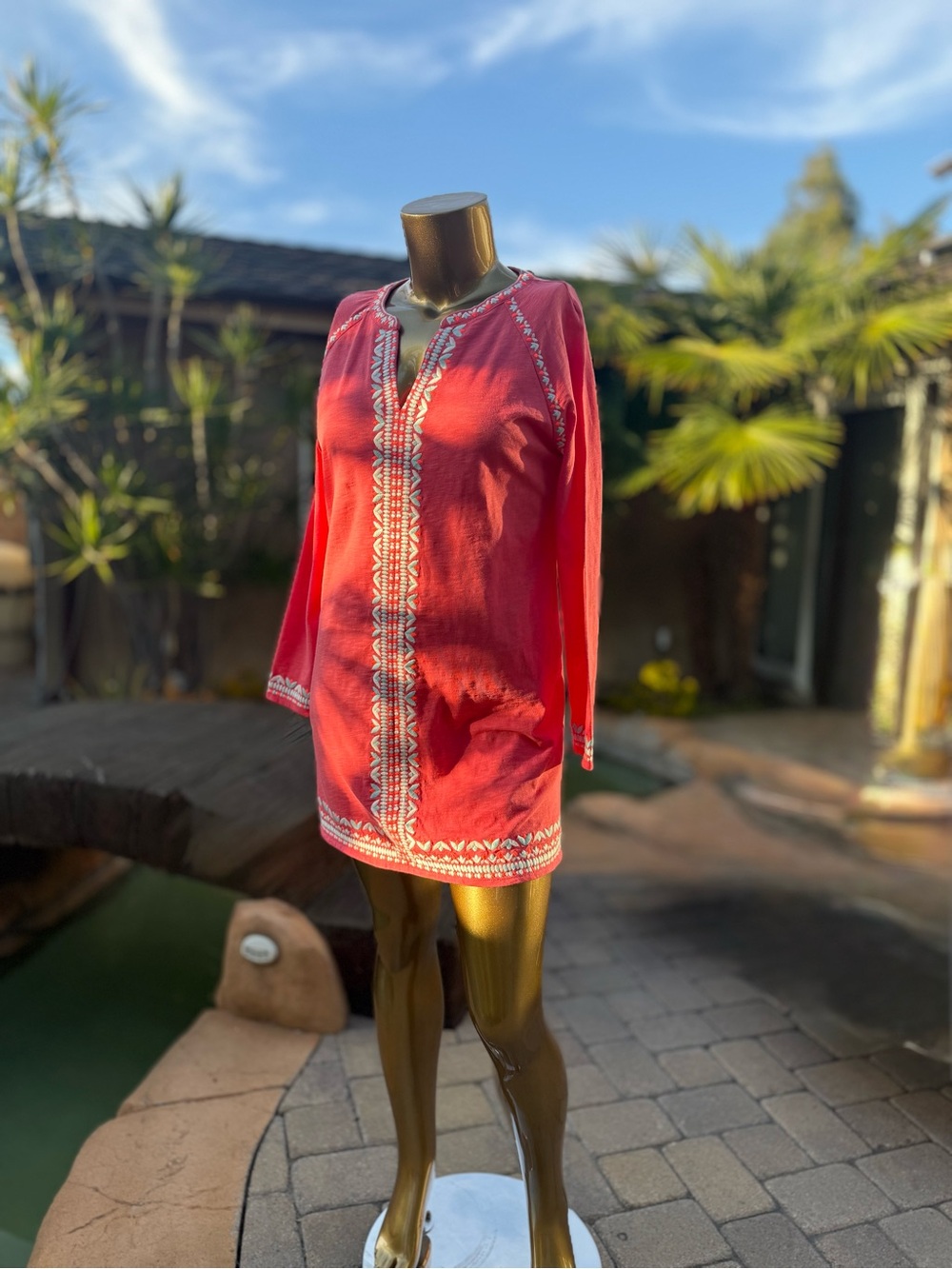 Boden Coral Red Embroidered V-Neck Tunic
